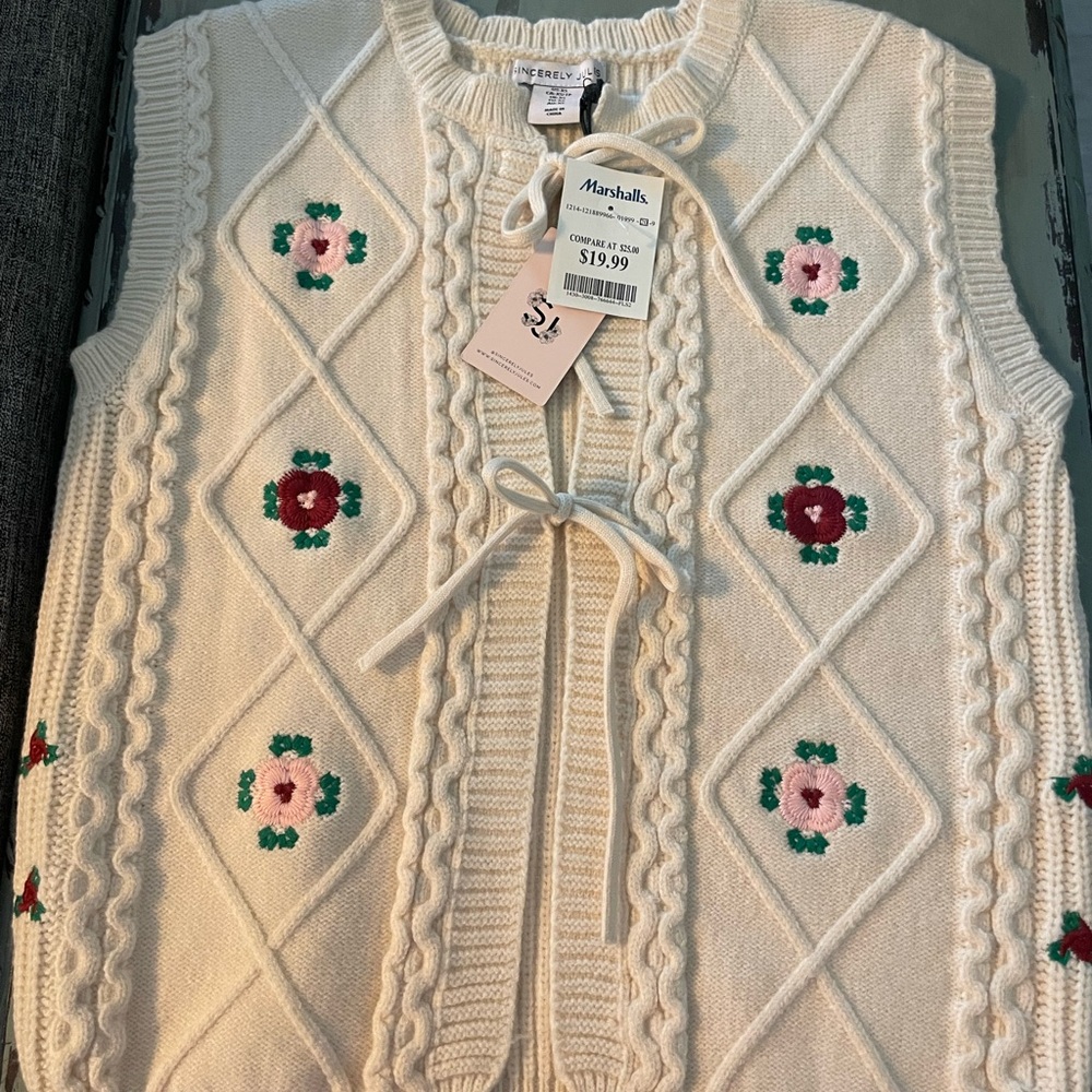 Sincerely Jules Cream Knit Floral Tie-Front Vest